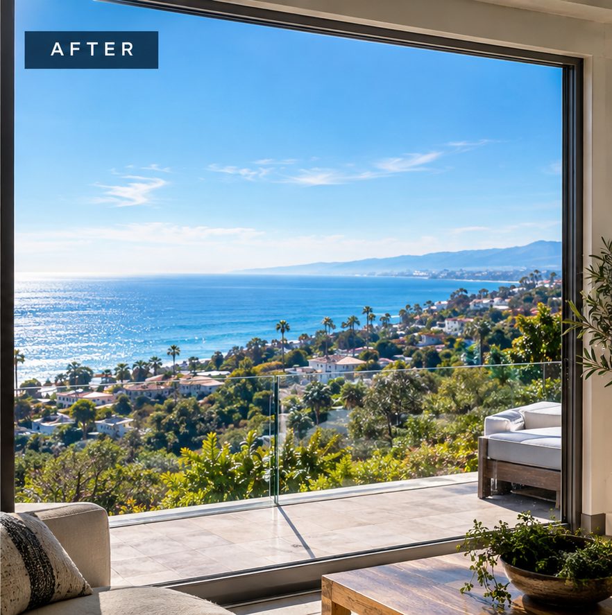 After: the same window spotless, with a crystal-clear ocean view