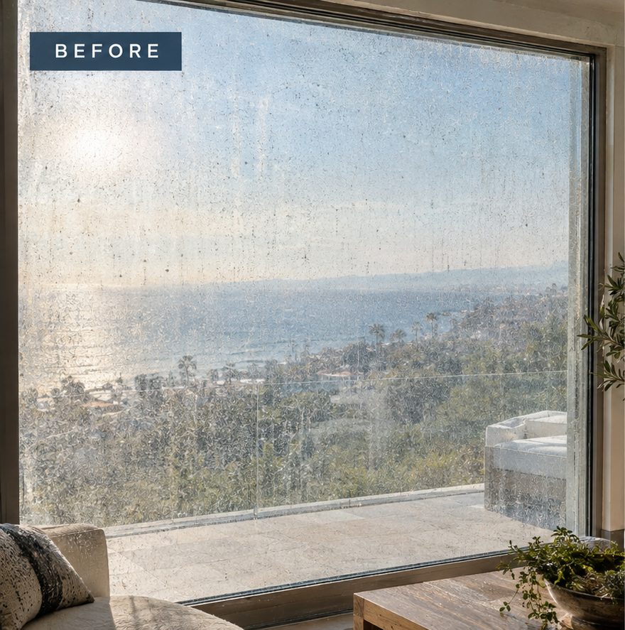 Before: hazy, spotted window glass blurring an ocean view