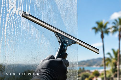 Squeegee work on exterior glass with an ocean view behind