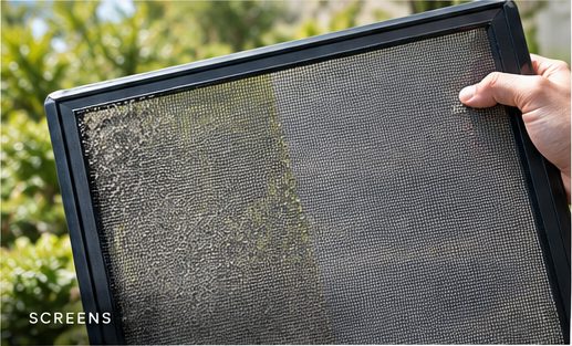 A window screen half cleaned to show the difference