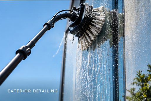Water-fed pole brush cleaning exterior glass
